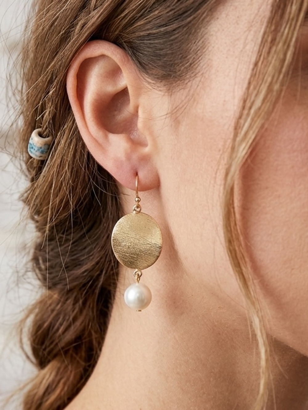 Gold Disc and Pearl Drop Earrings - Women Jewelry